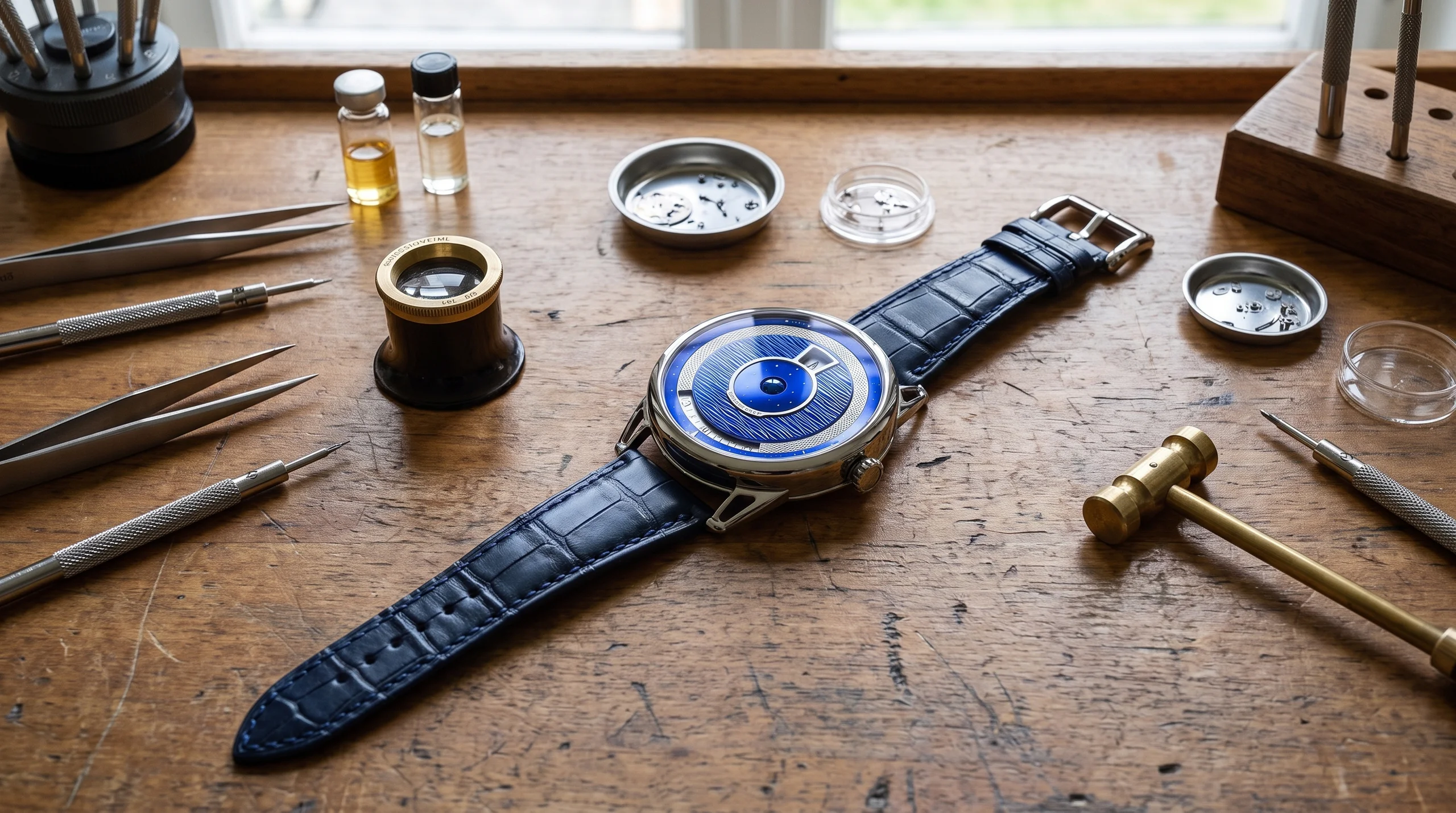 De Bethune DB25 Digitale watch resting on a watchmaker's bench beside precision tools