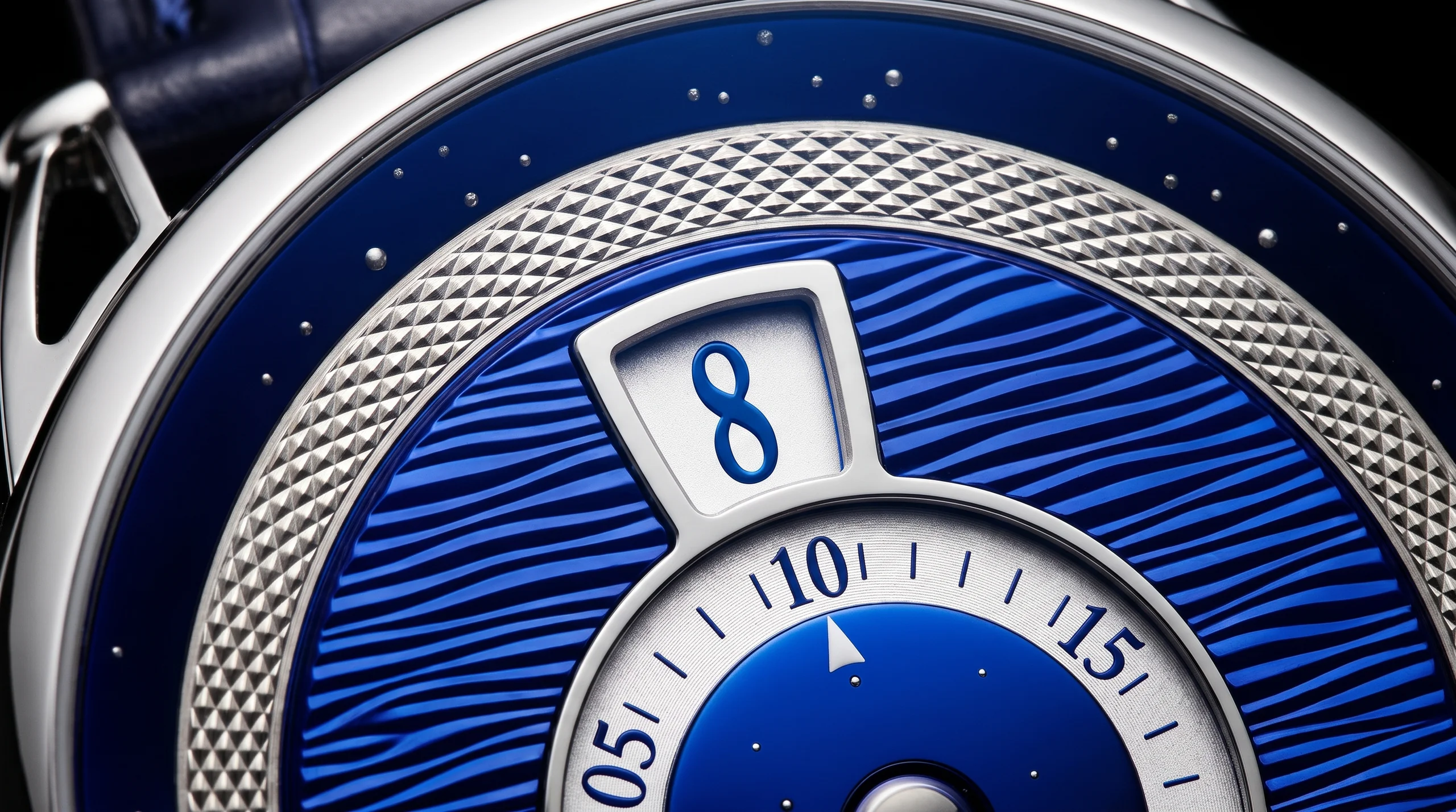 De Bethune DB25 Digitale dial macro showing the jumping hour aperture and rotating minutes disc