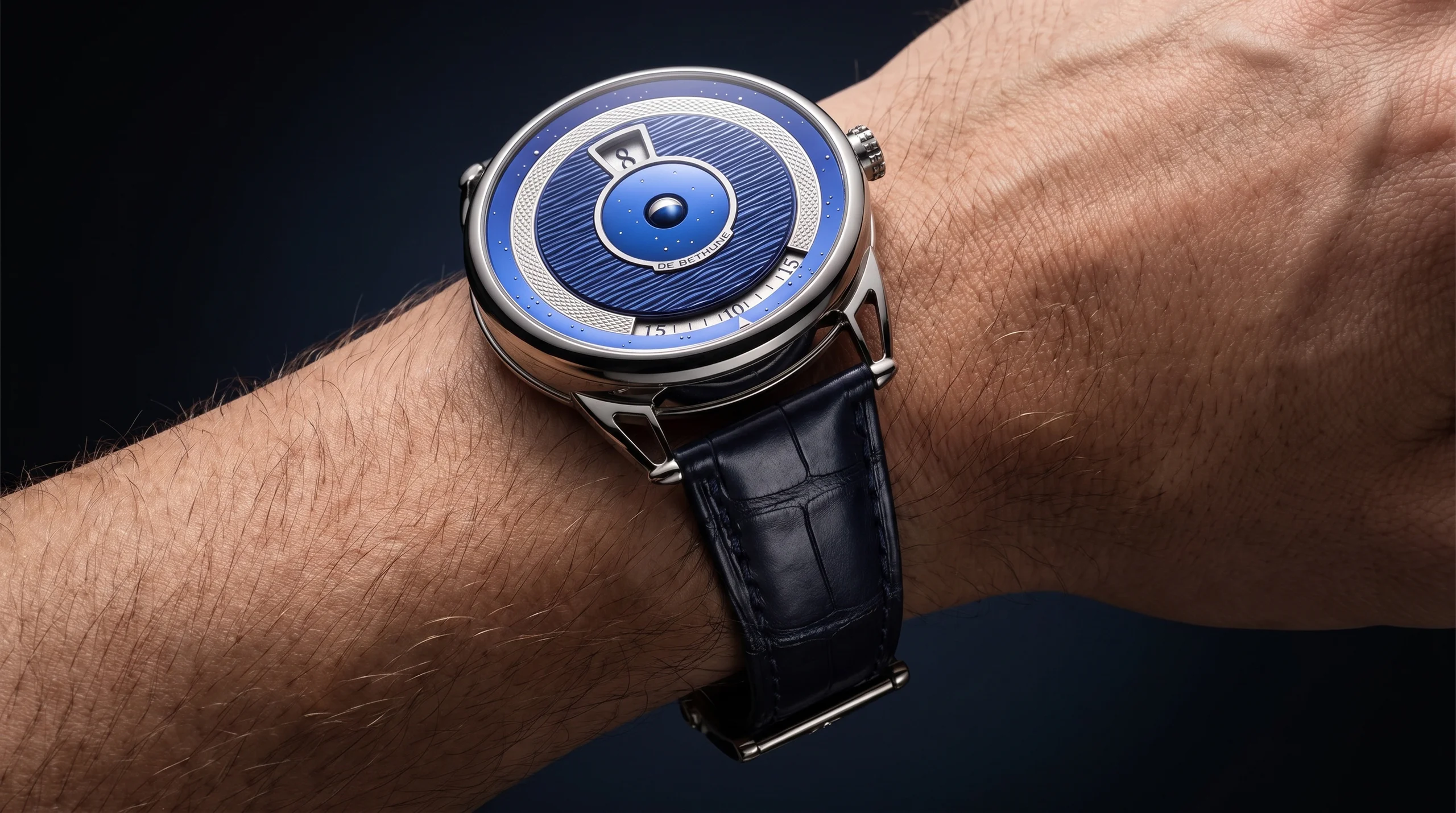 De Bethune DB25 Digitale titanium watch worn on wrist, front angle
