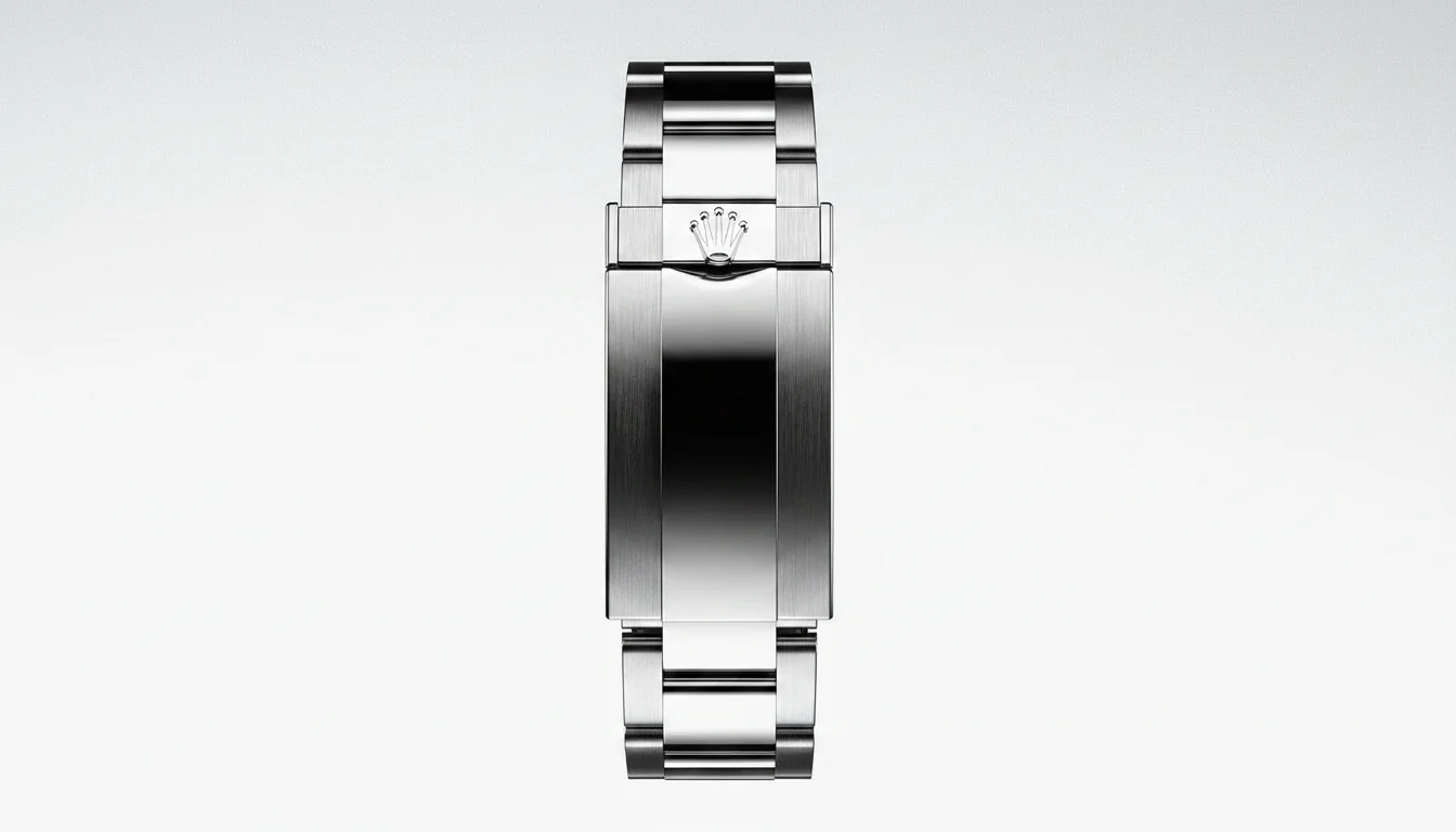 A closed stainless steel bracelet clasp viewed from above, showing the smooth folded clasp cover.