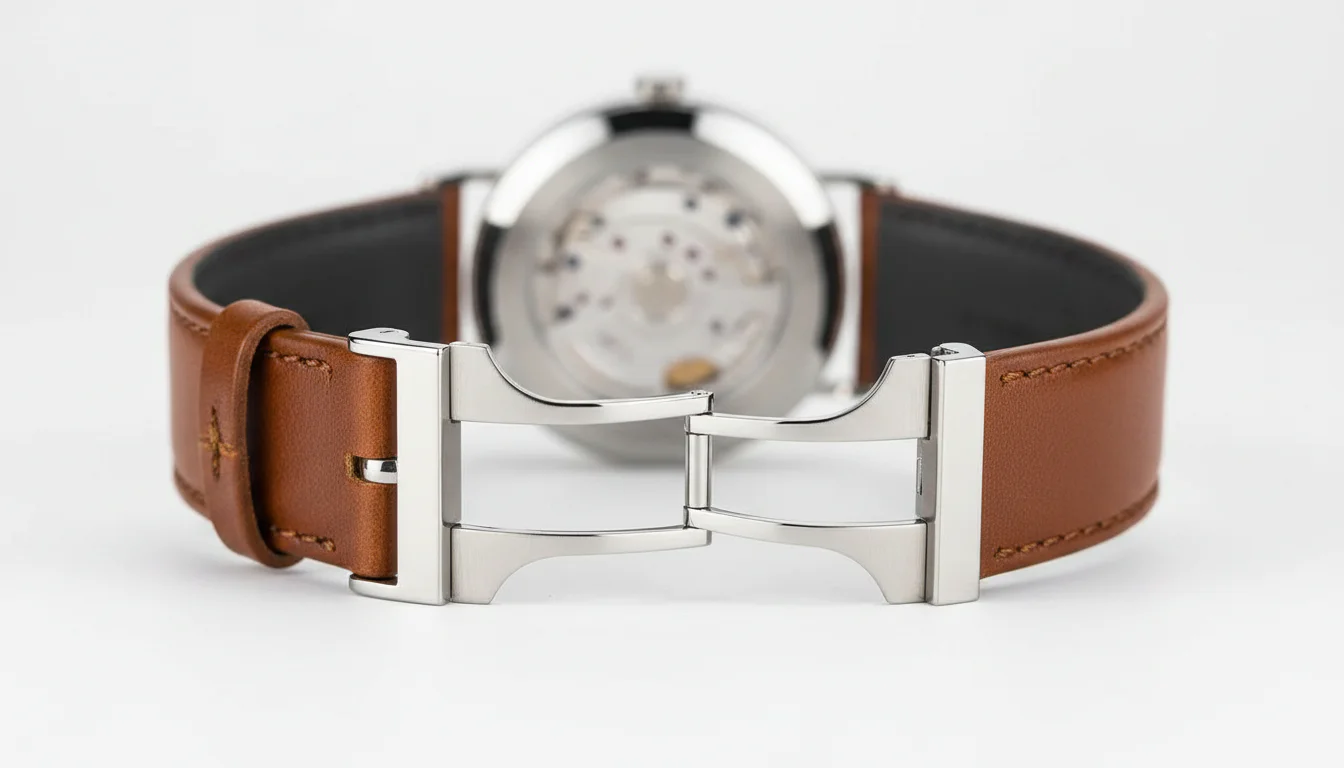 A brown leather watch strap with an open folding deployant buckle, showing the butterfly-style folding wings.
