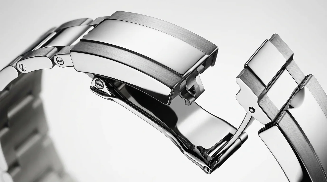A macro view of an open stainless steel deployant clasp, showing the folding blades and safety catch mechanism.