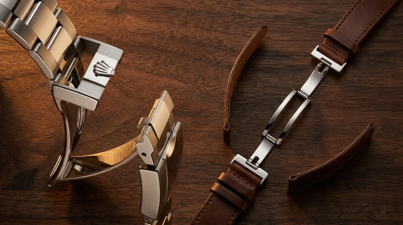 A steel bracelet deployant clasp beside a leather strap folding buckle, comparing the two common watch fastening systems.