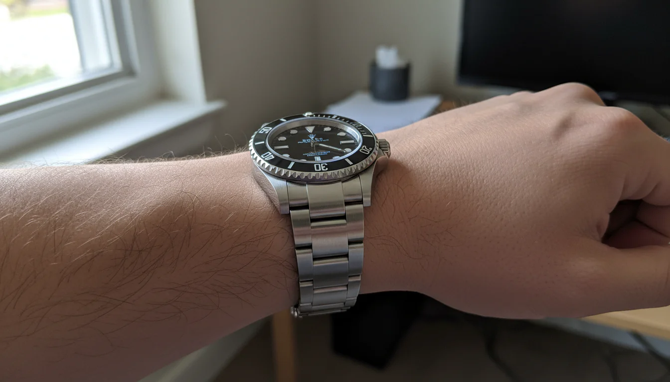 A steel sport watch worn on the wrist with a closed folding bracelet clasp visible from the side.