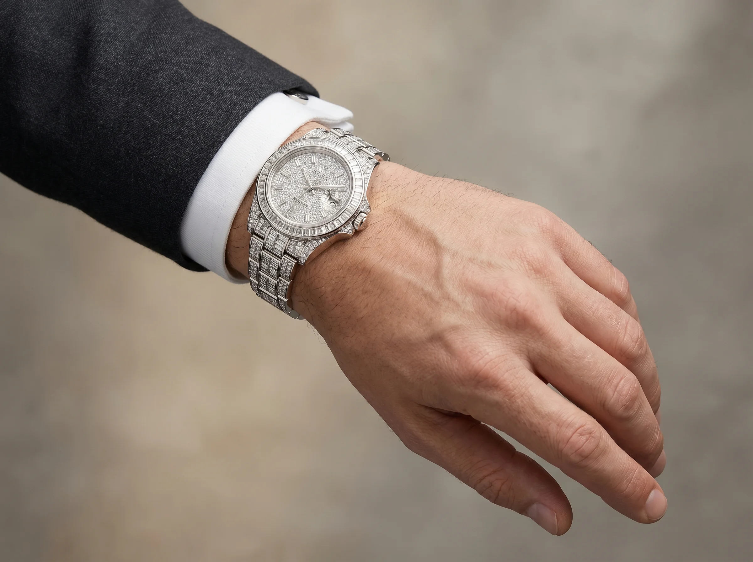 Wrist styling photography of a man's wrist wearing a fully diamond-set 18k white gold luxury watch