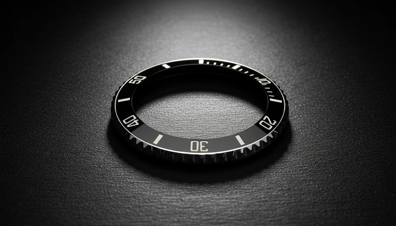 Macro detail of a black ceramic dive watch bezel with platinum-colored numerals