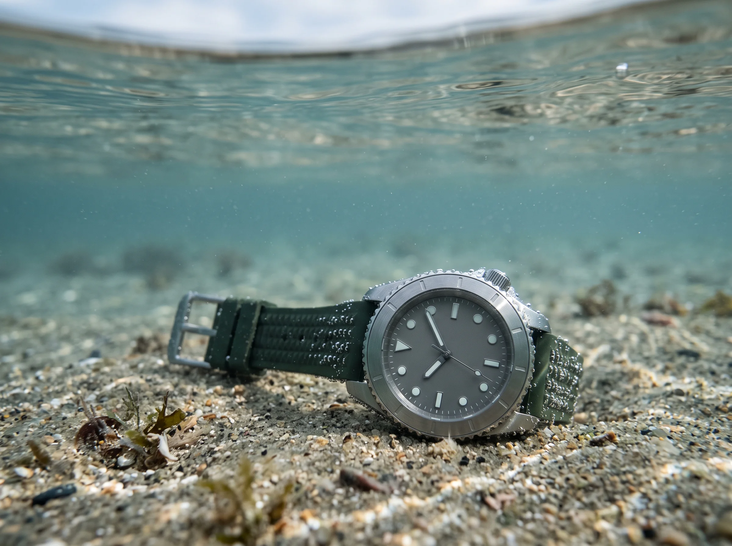 A dive watch partially submerged in clear water with small air bubbles clinging to the case