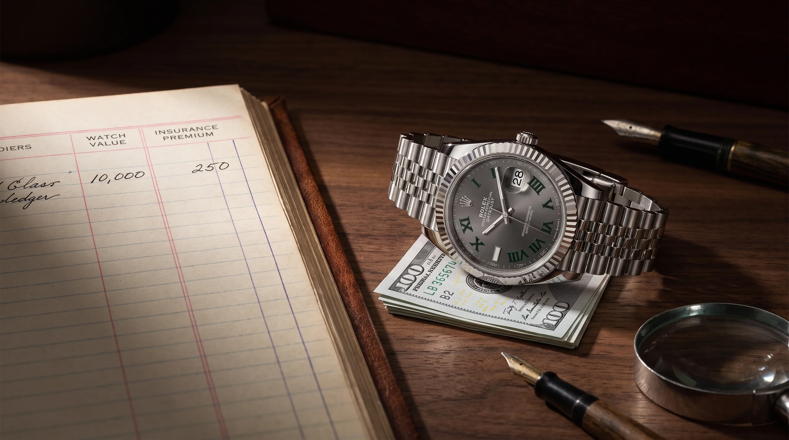 Rolex Datejust resting on cash and a ledger page representing insurance cost math