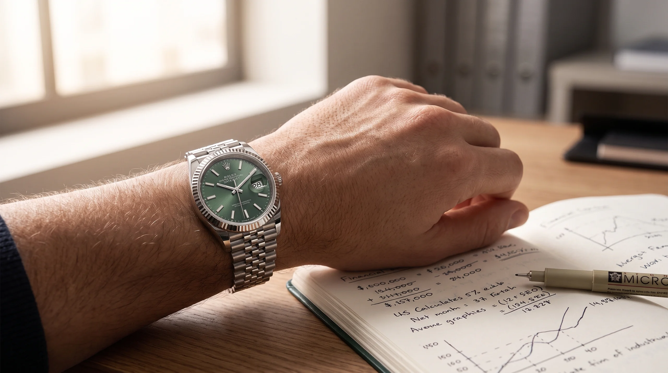 Rolex Datejust resting beside handwritten insurance cost calculations on a desk