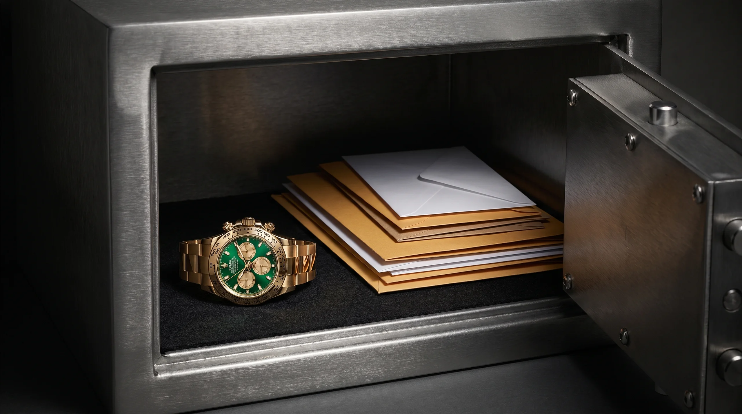 Rolex Daytona resting in a home safe with savings envelopes, representing self-insuring