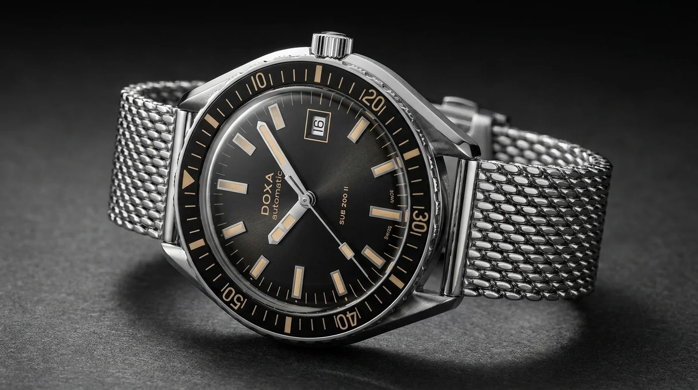 Doxa SUB 200 II Sharkhunter dive watch with black gradient dial on a stainless steel mesh bracelet.
