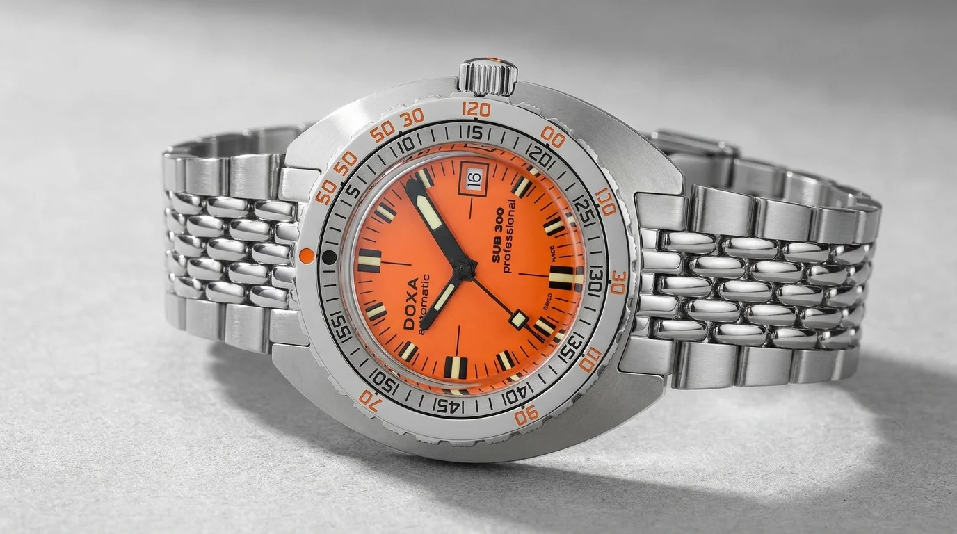 Doxa SUB 300 Professional dive watch with orange dial and no-decompression bezel resting on a light studio surface.