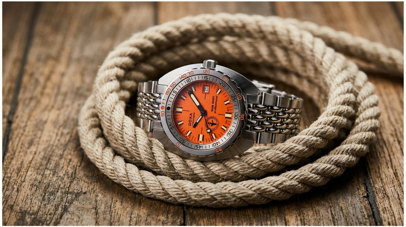 Doxa Sub 300 orange dial dive watch coiled in rope on a teak surface