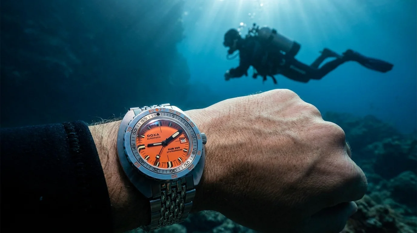 Diver checking a Doxa SUB 300 Professional orange dial watch underwater with another diver visible in the background.