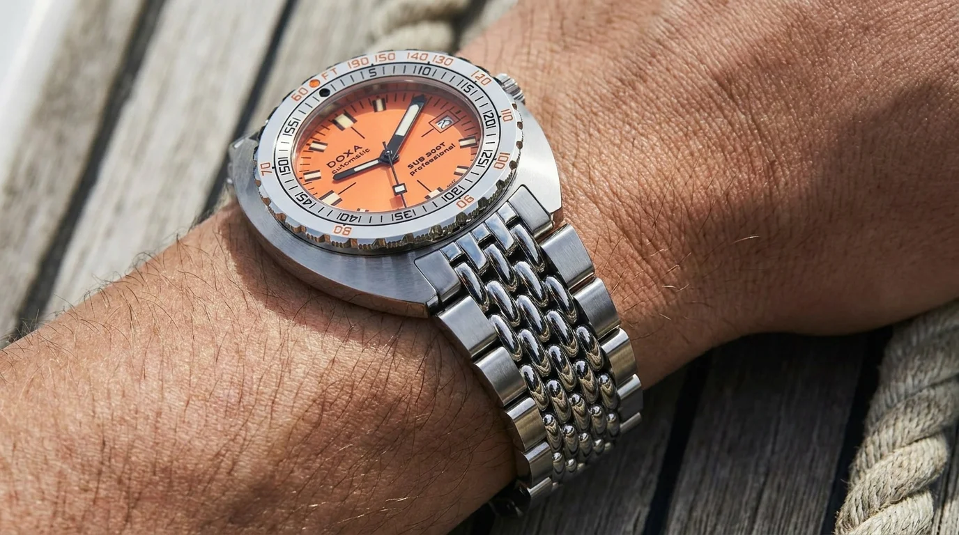 Doxa SUB 300T Professional on a beads-of-rice steel bracelet worn on the wrist against a boat deck.