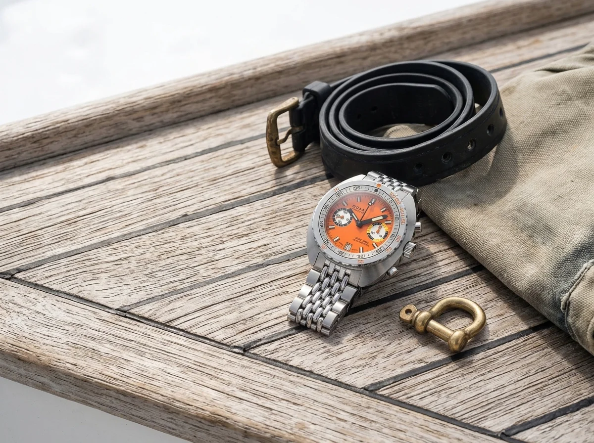 Orange Doxa SUB 200 T.GRAPH II on teak boat decking beside a diving mask.