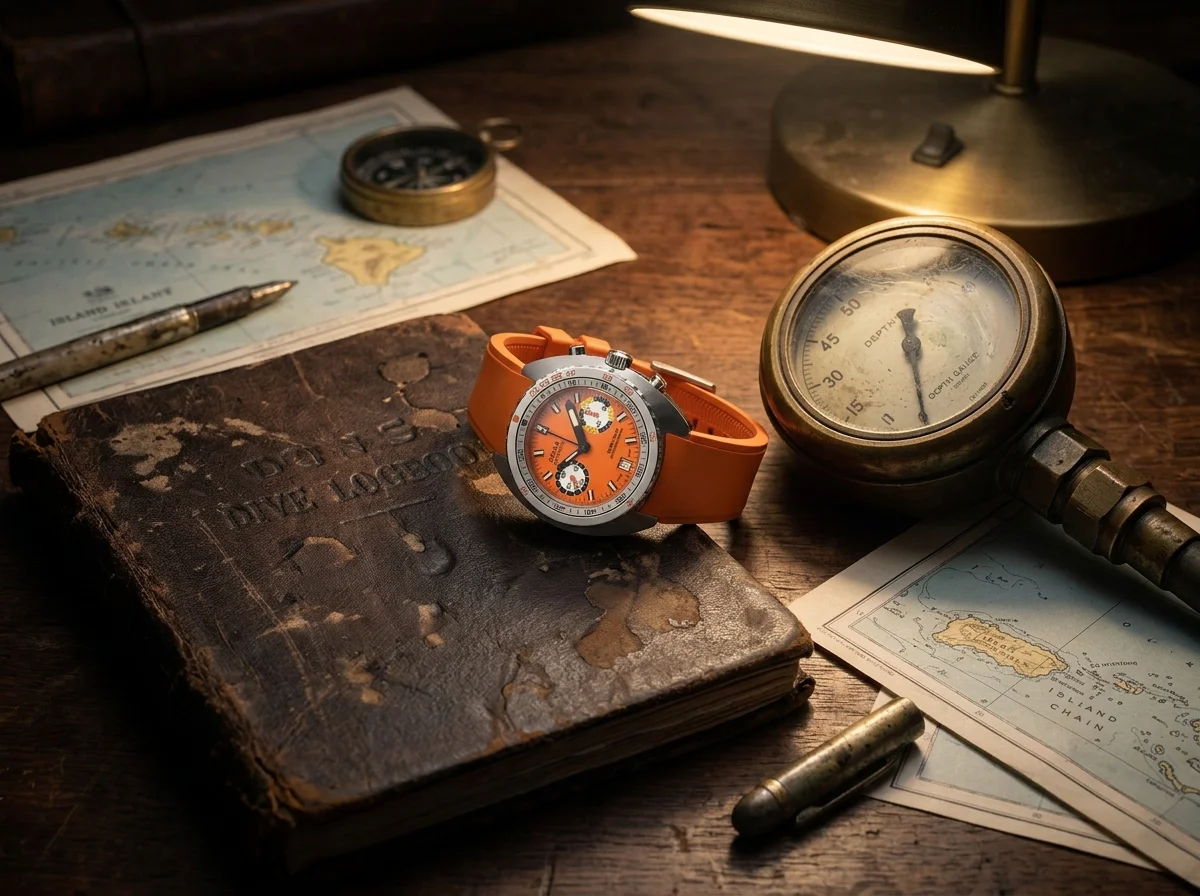Orange Doxa SUB 200 T.GRAPH II on a worn leather dive logbook beside a brass depth gauge.
