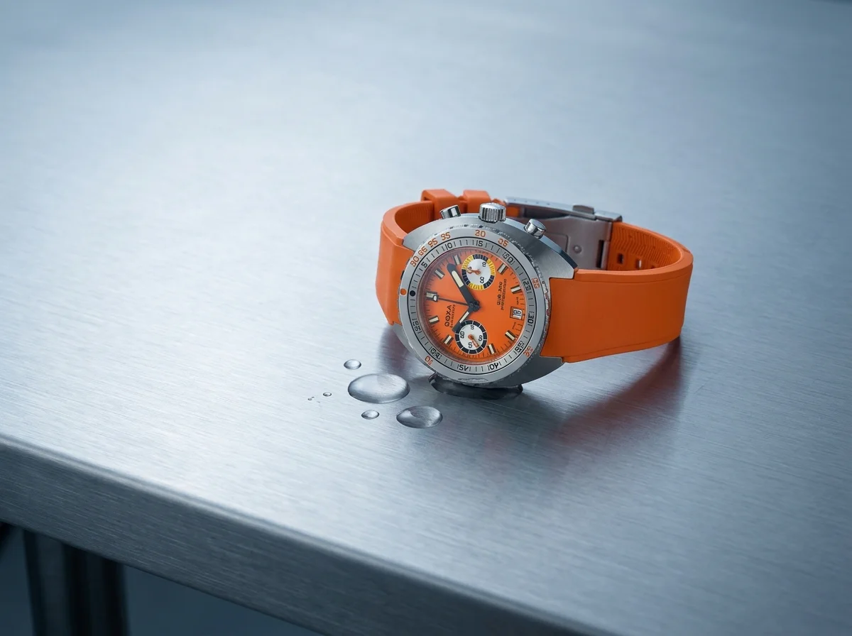 Doxa SUB 200 T.GRAPH II on a matching orange rubber dive strap on a wet metal surface.