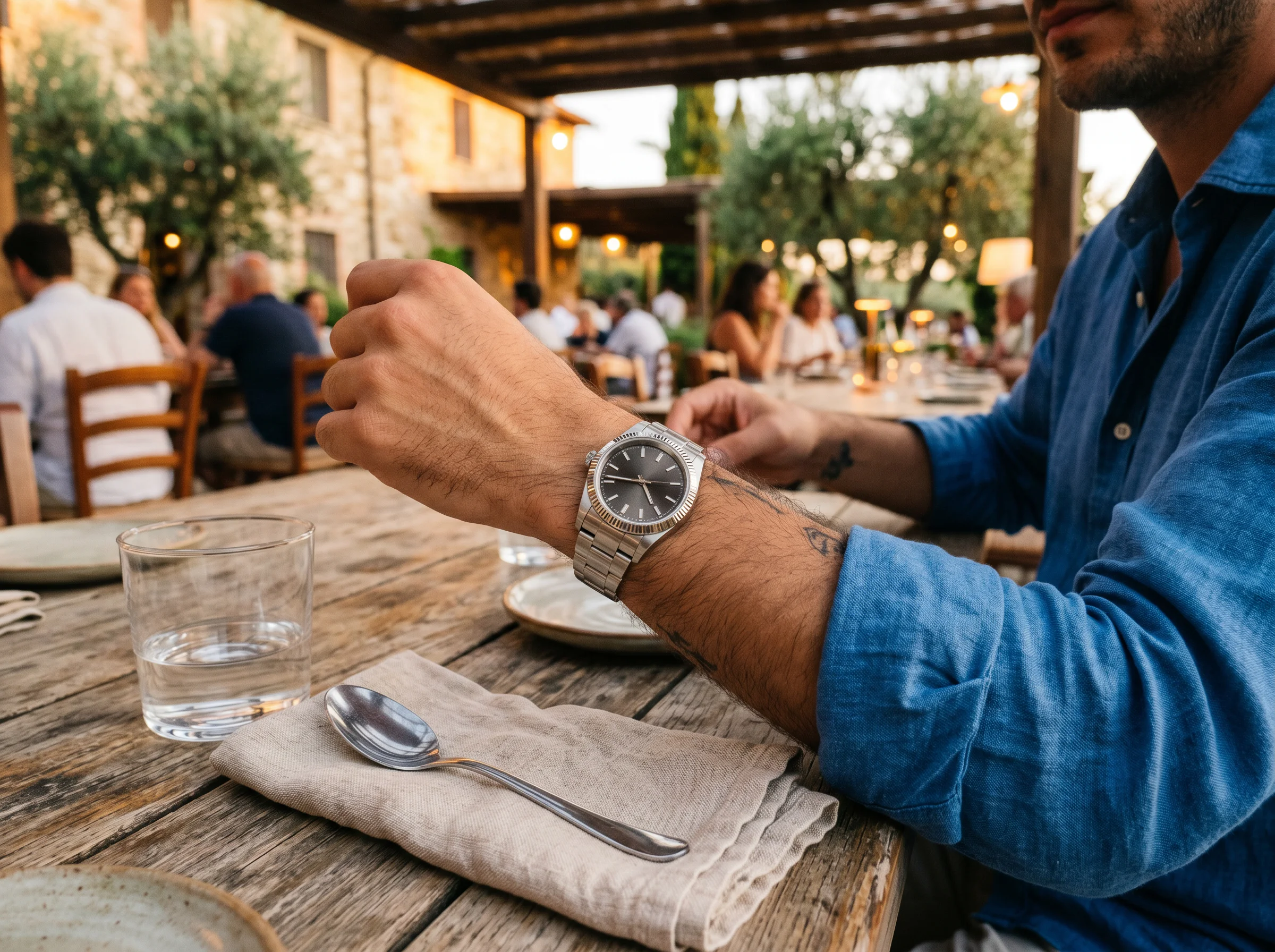 A stainless steel dress-sport watch worn on a wrist at an outdoor restaurant table in warm evening light