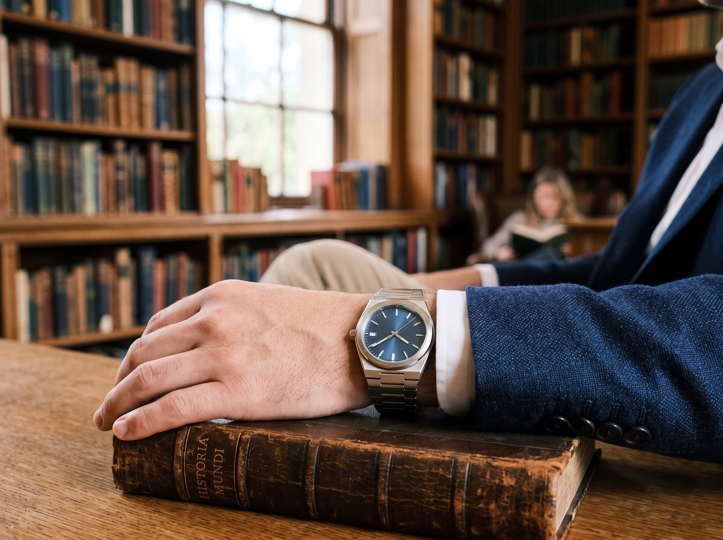 An elegant steel dress-sport watch on a wrist emerging from a navy blazer cuff, resting on a leather-bound book