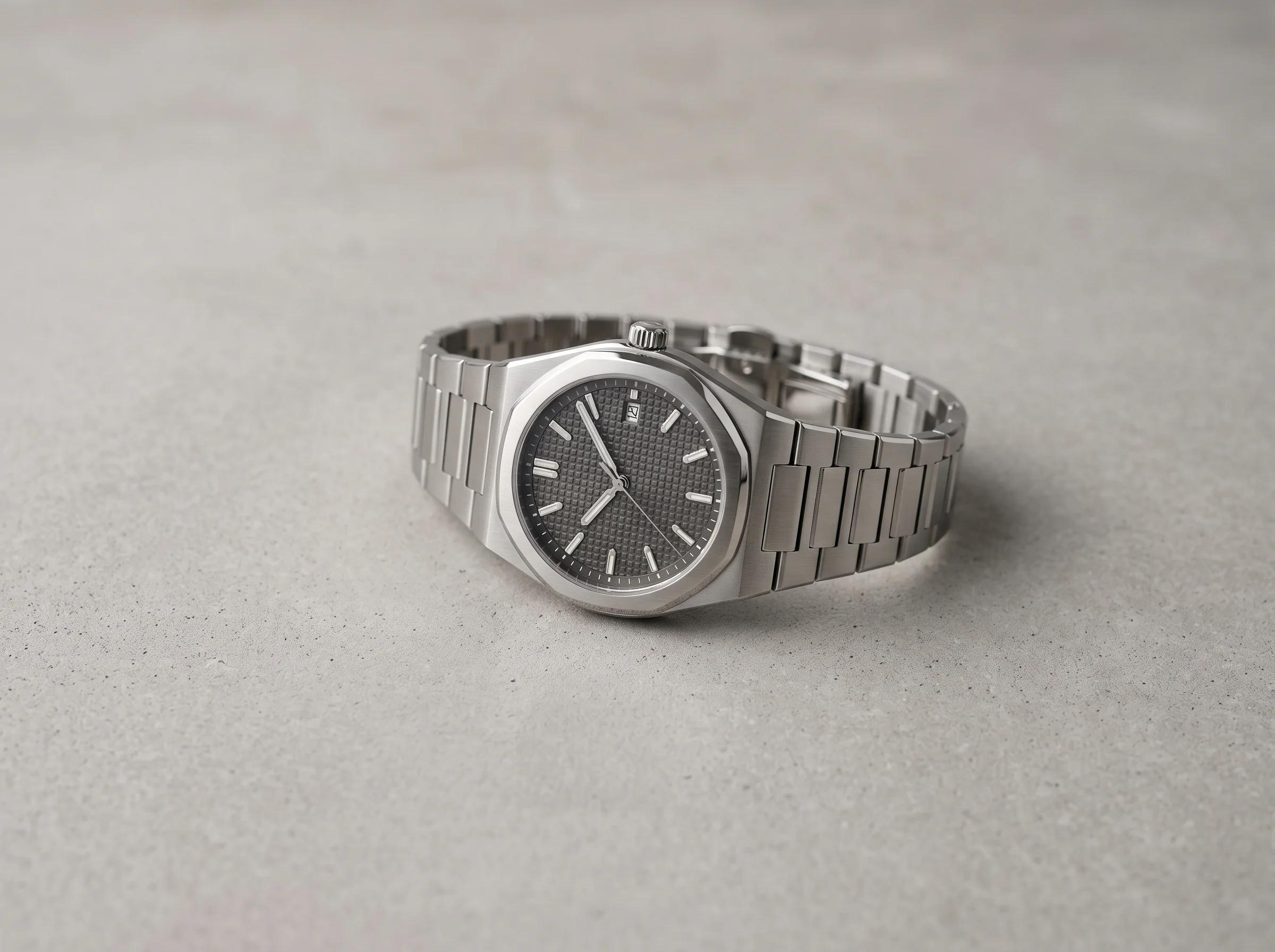 A clean, simple integrated-bracelet sports watch with a waffle-textured dial and a tonneau-shaped case