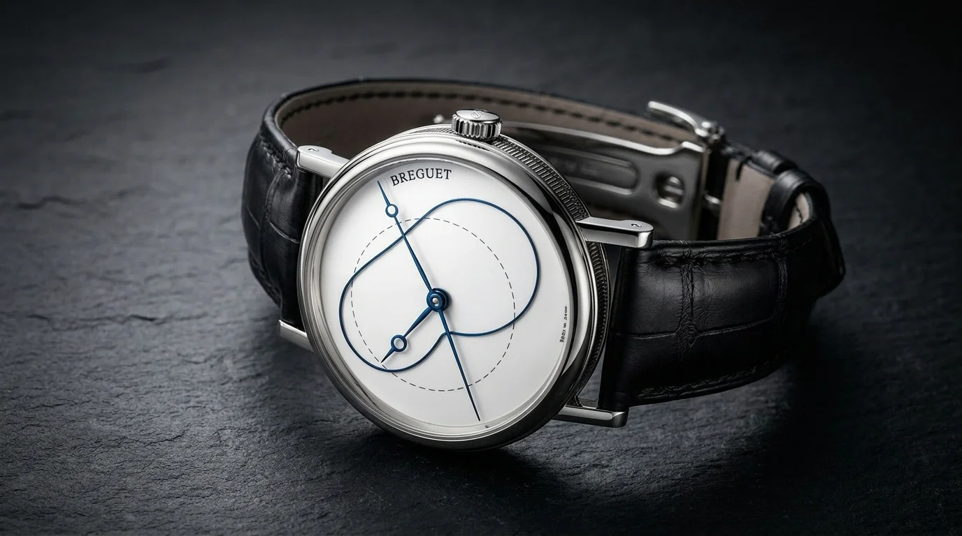 Analemma diagram showing the figure-eight path of the sun's position throughout the year, illustrated on an equation of time watch dial.