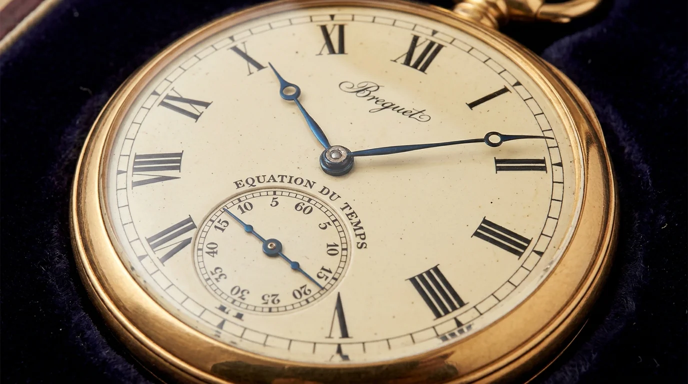 Breguet-style equation of time pocket watch dial showing a subsidiary equation of time hand and date display.