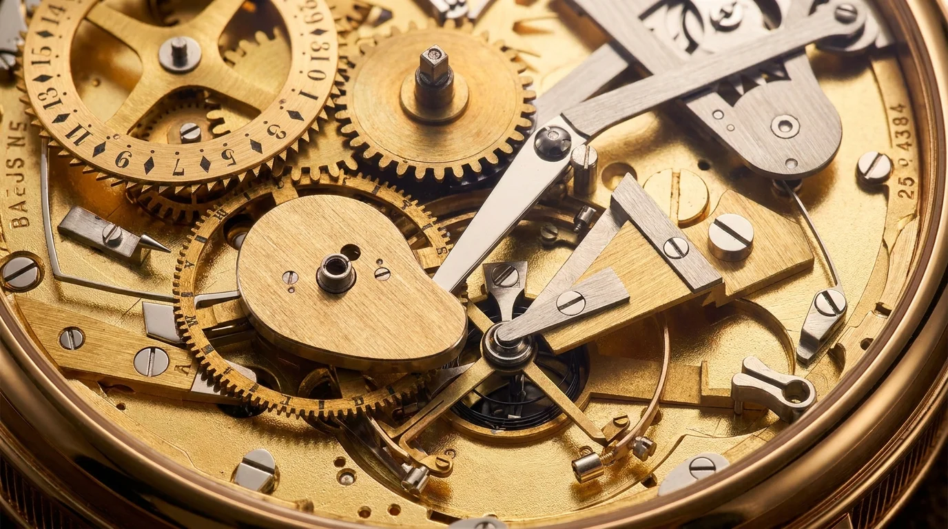 Macro view of an equation of time watch movement showing the kidney-shaped cam and follower lever mechanism.