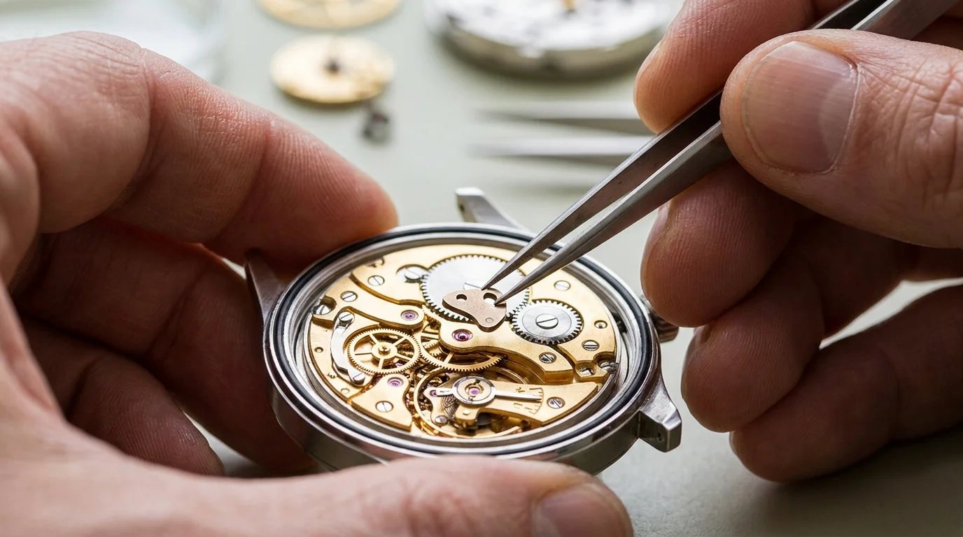 Watchmaker adjusting the kidney-shaped cam of an equation of time movement at a bench under magnification.
