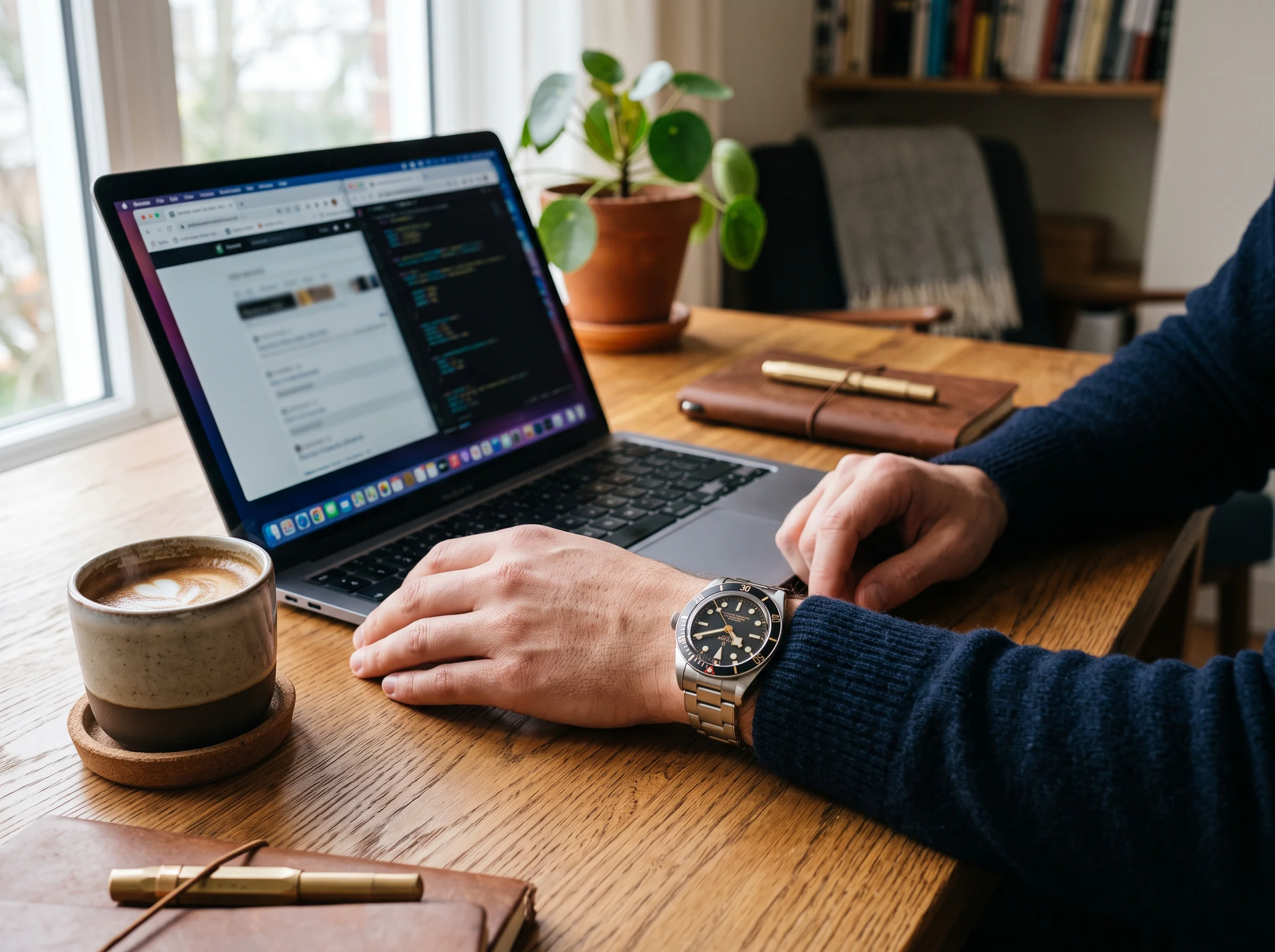 A stainless steel everyday luxury watch worn on the wrist at a desk with a laptop and coffee