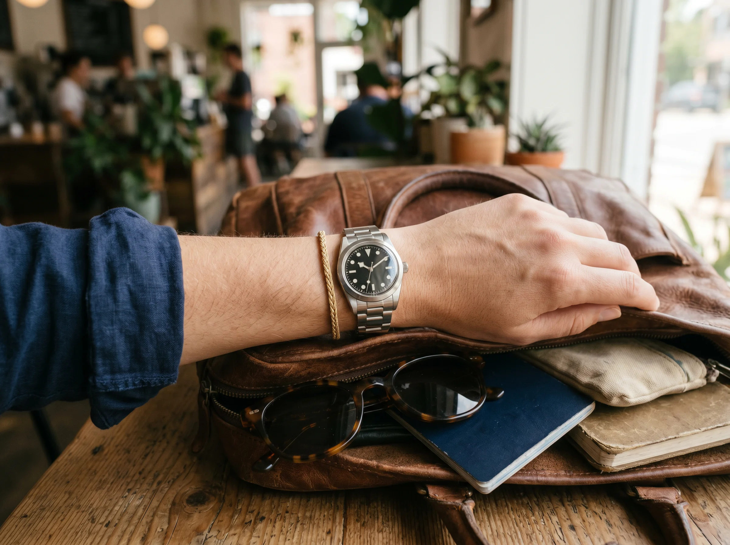 A stainless steel everyday watch on a wrist resting on an open leather travel bag with a passport and sunglasses