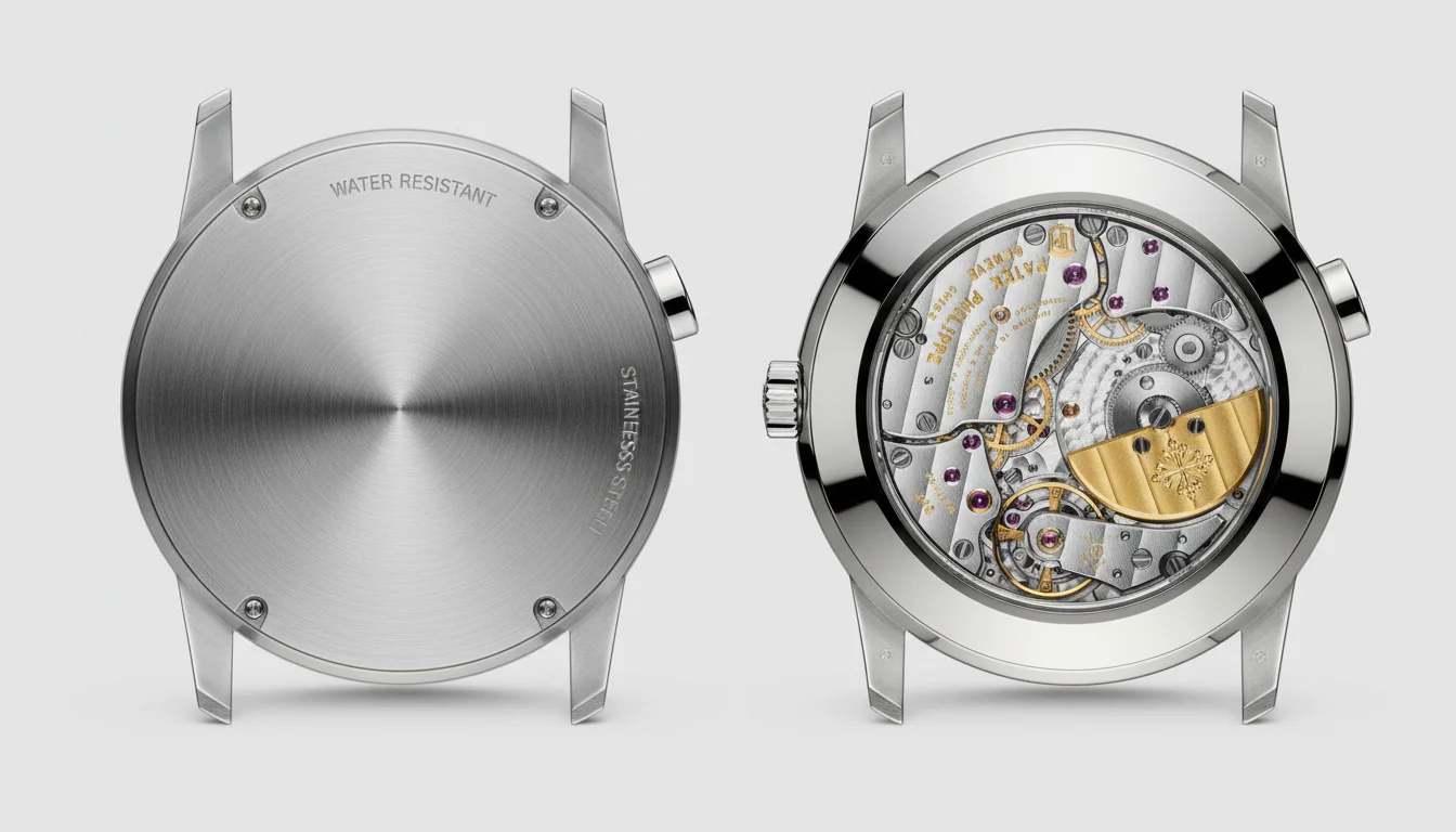 A solid brushed steel caseback beside a sapphire exhibition caseback revealing the automatic movement inside