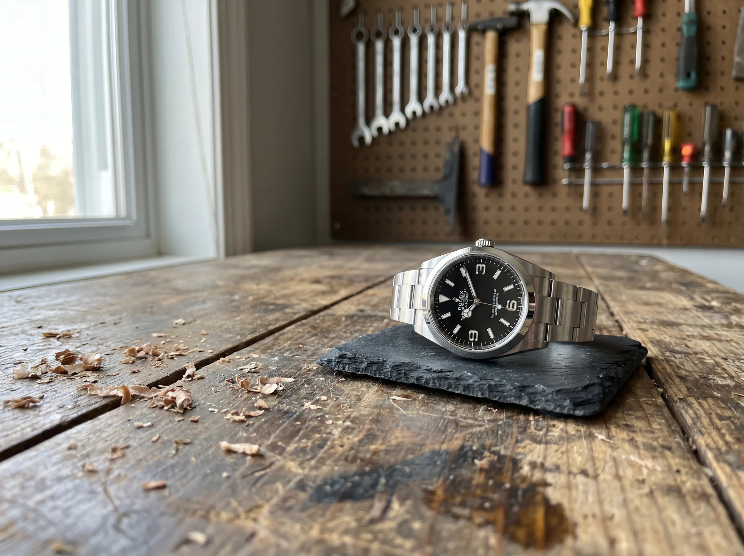 Rolex Explorer 36 124270 with black dial and 3-6-9 numerals on a slate coaster on a wooden workbench