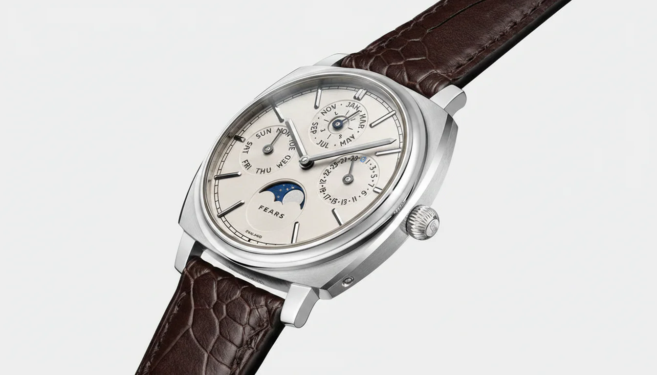 Fears Brunswick 39 Perpetual Calendar angled packshot showing the concave bezel and correcting pushers on the case flank