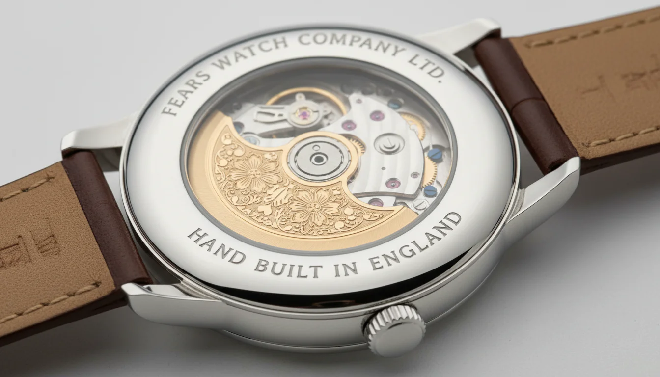Fears Brunswick 39 Perpetual Calendar caseback showing the engraved gold rotor and Hand Built in England text