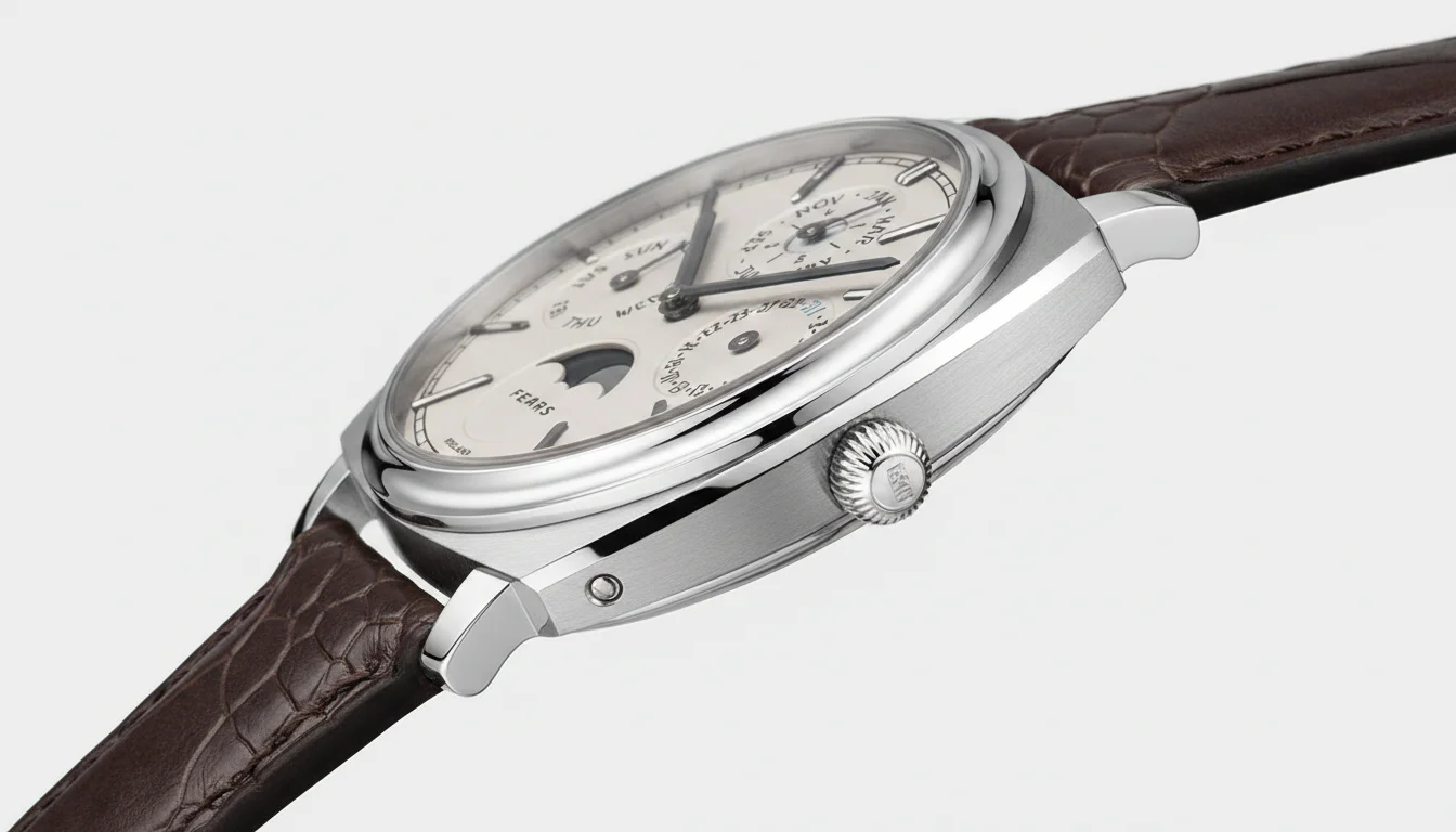Fears Brunswick 39 Perpetual Calendar side profile showing the onion crown and cushion case shape