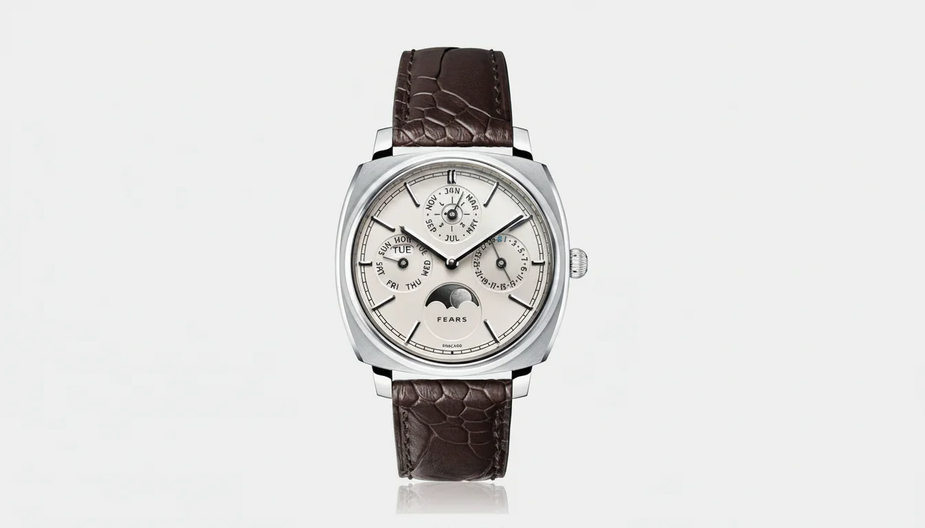 Fears Brunswick 39 Perpetual Calendar front packshot showing the Silver Mink dial and Walnut Brown ostrich strap