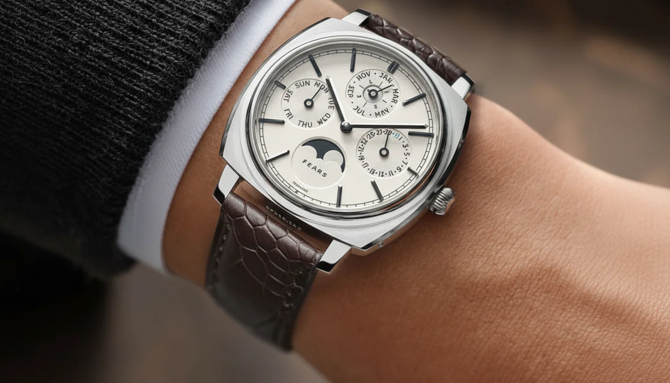 Fears Brunswick 39 Perpetual Calendar worn on the wrist showing the day, month, date and moonphase subdials