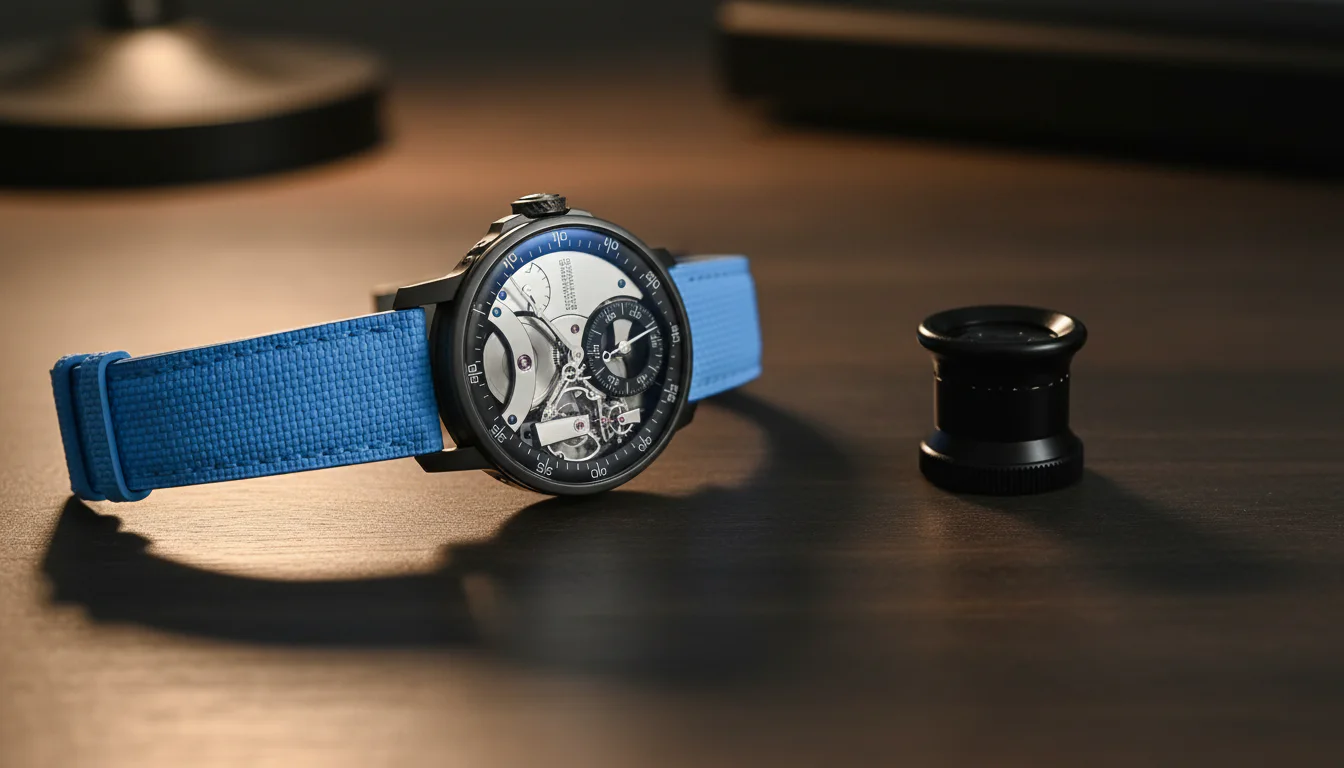 Ferdinand Berthoud Chronometre FB 3SPC.4-1 watch on a wood desk beside a loupe