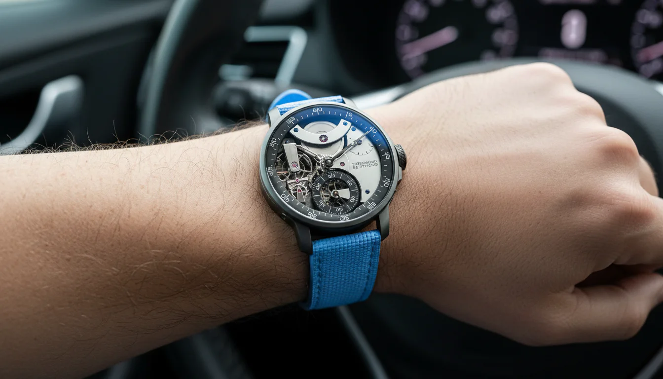 Ferdinand Berthoud Chronometre FB 3SPC.4-1 worn on the wrist behind a car steering wheel