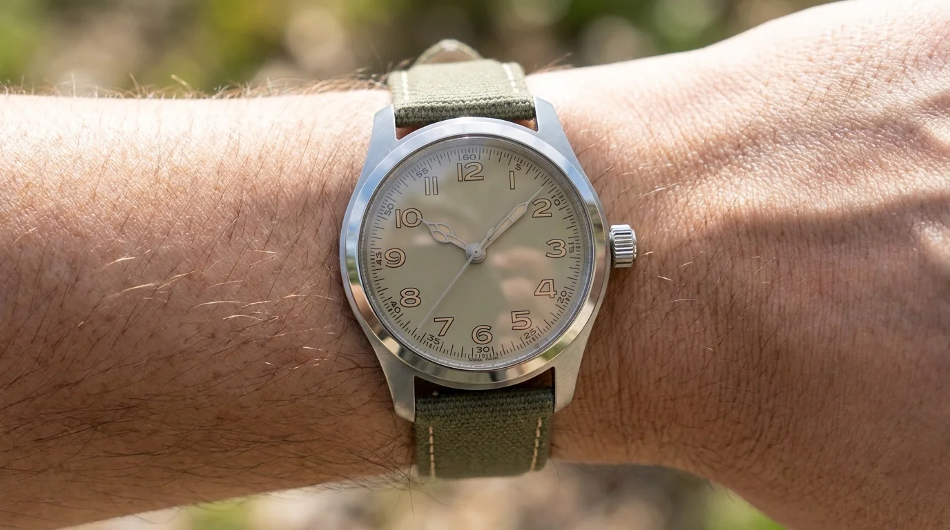 A field watch with flat printed indices and a khaki dial worn on the wrist with an olive canvas strap