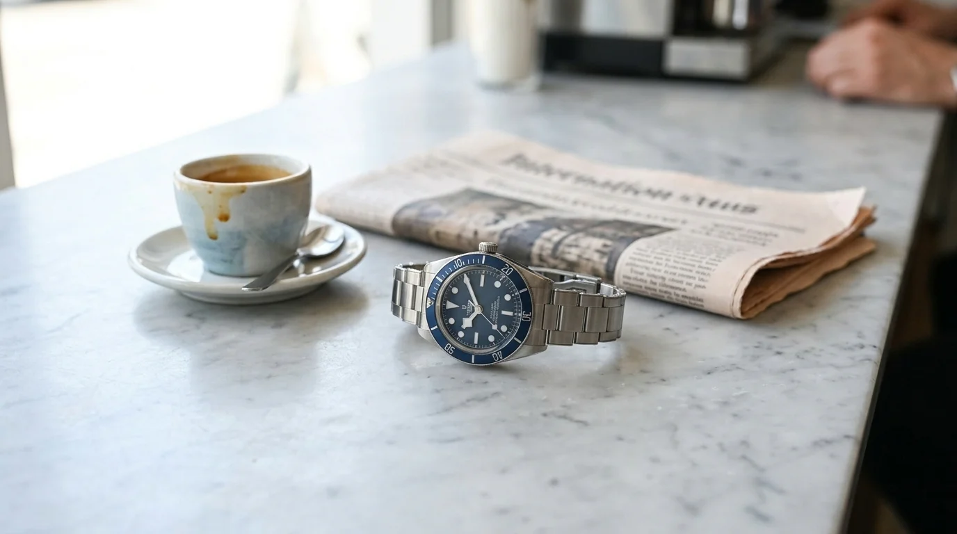 Tudor Black Bay 58 navy blue on a marble cafe counter beside an espresso, an everyday first luxury watch