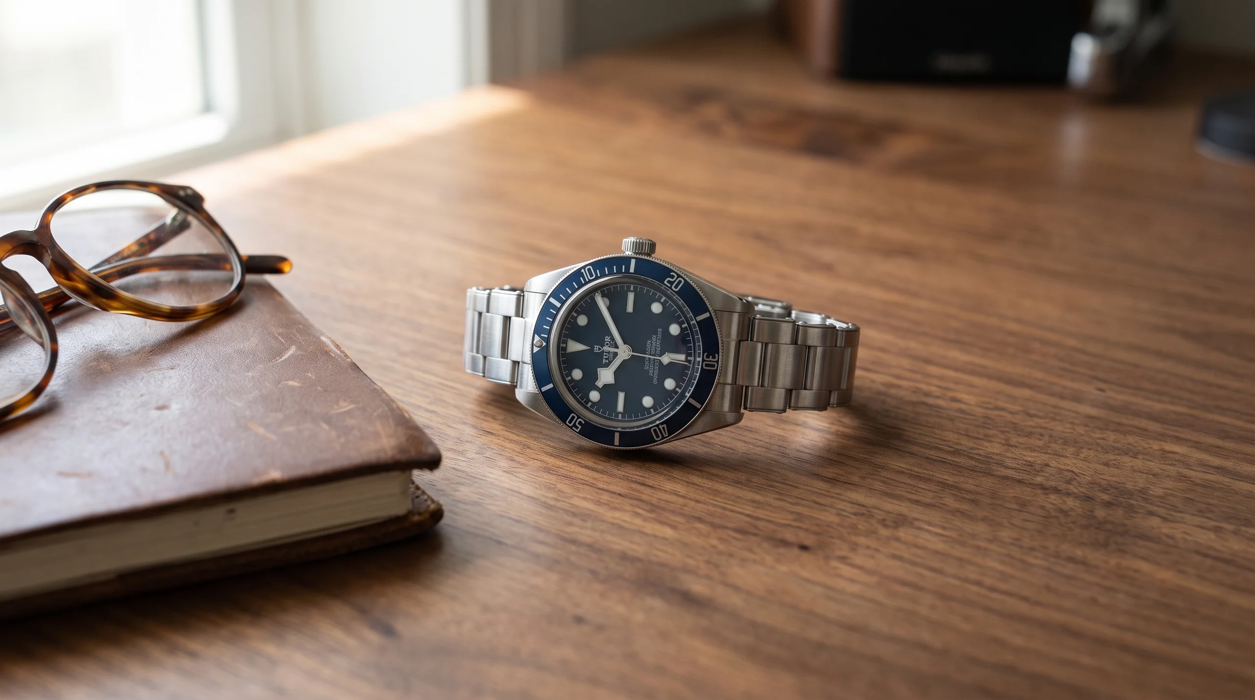 Tudor Black Bay 58 navy blue dive watch on a walnut desk in morning light, a strong first luxury watch