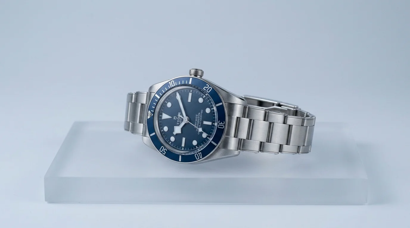 Tudor Black Bay 58 navy blue three-quarter studio view showing case finishing and bracelet