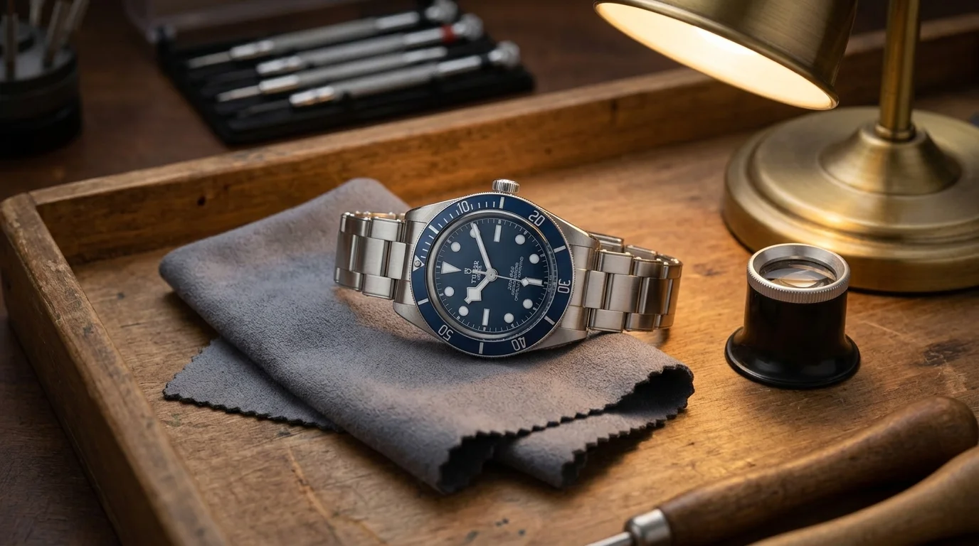 Tudor Black Bay 58 navy blue on a watchmaker's tray beside a loupe, representing servicing and authentication