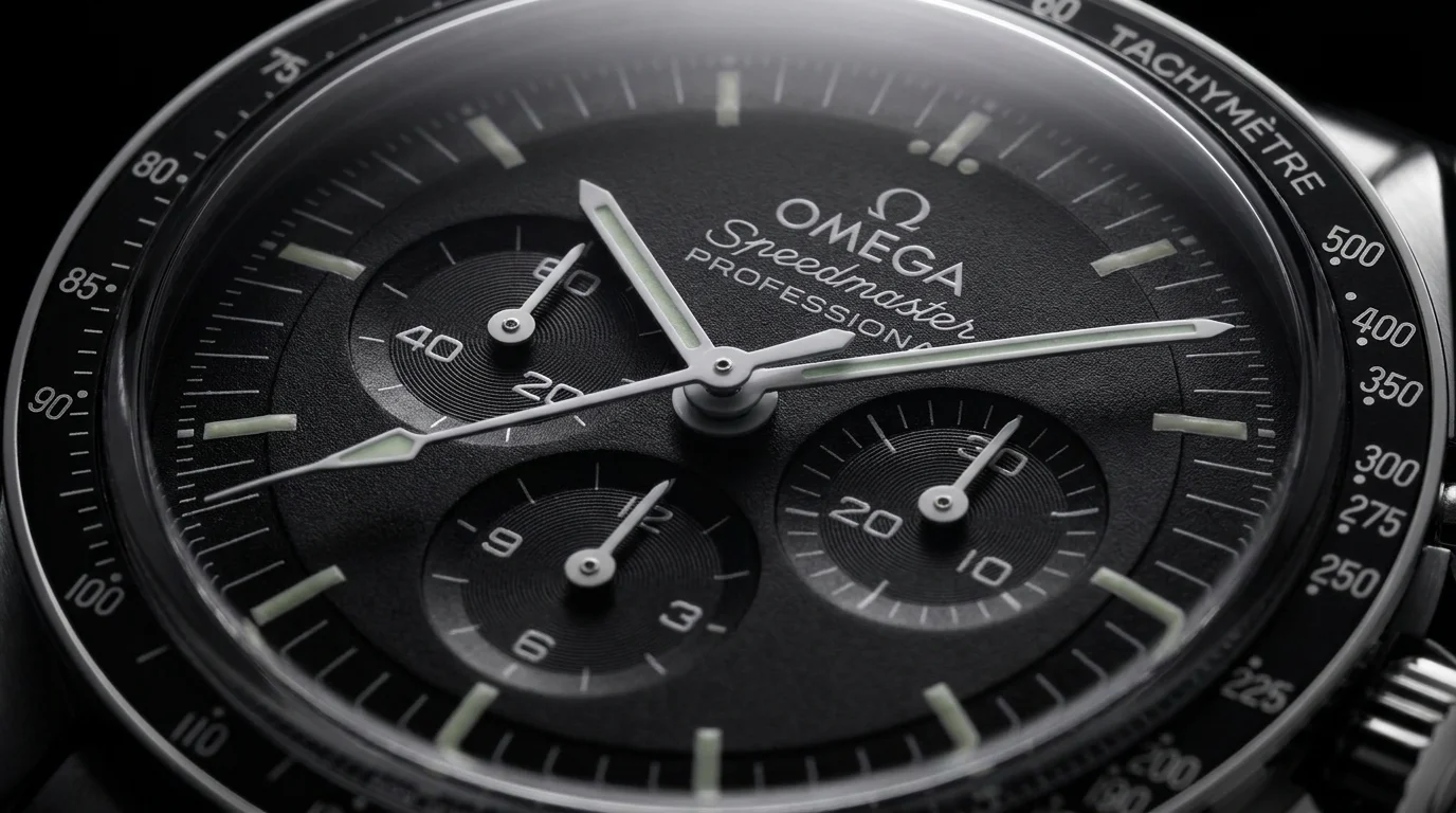 Macro shot of an Omega Speedmaster Professional chronograph dial showing the sub-dials and tachymeter bezel