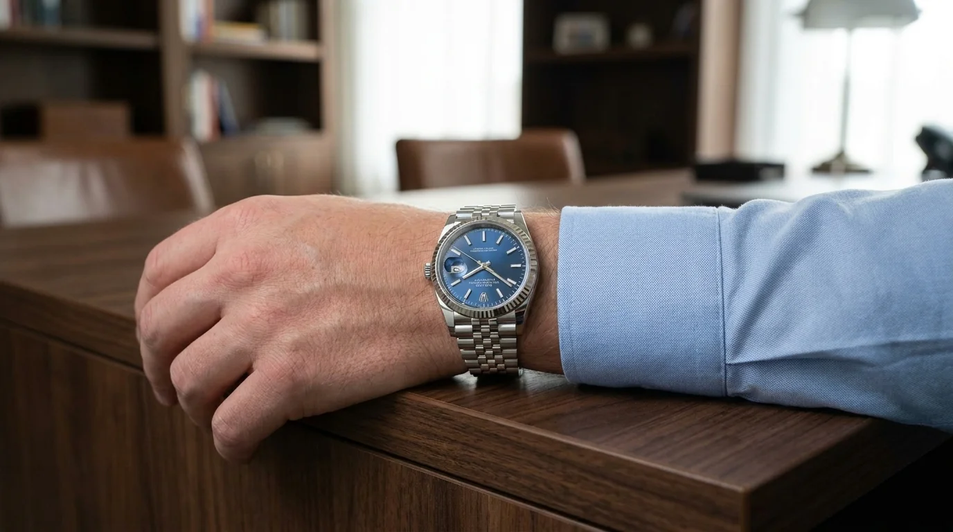 Rolex Datejust worn on the wrist resting on a desk in a business setting