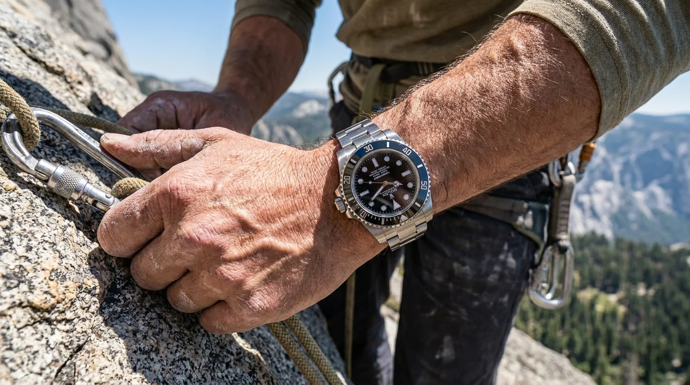 Rolex Submariner dive watch worn on the wrist during an outdoor activity