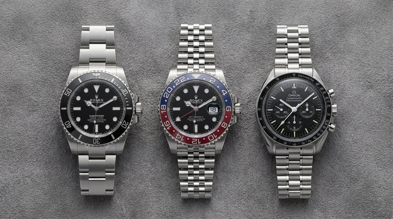 A Rolex Submariner, Rolex GMT-Master II, and Omega Speedmaster Professional arranged on a gray suede flat lay