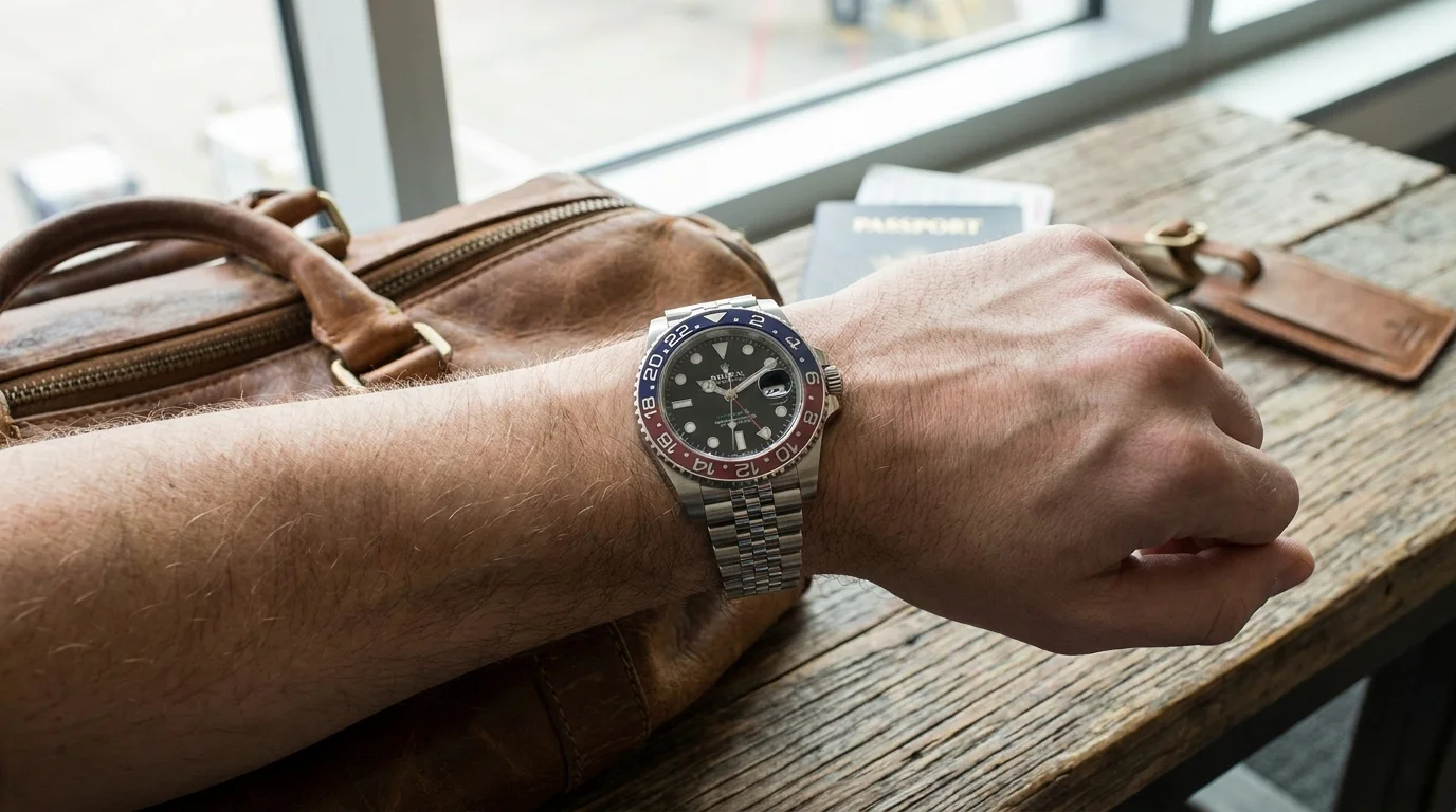 Rolex GMT-Master II worn on the wrist, showing the two-tone bezel and dual time function